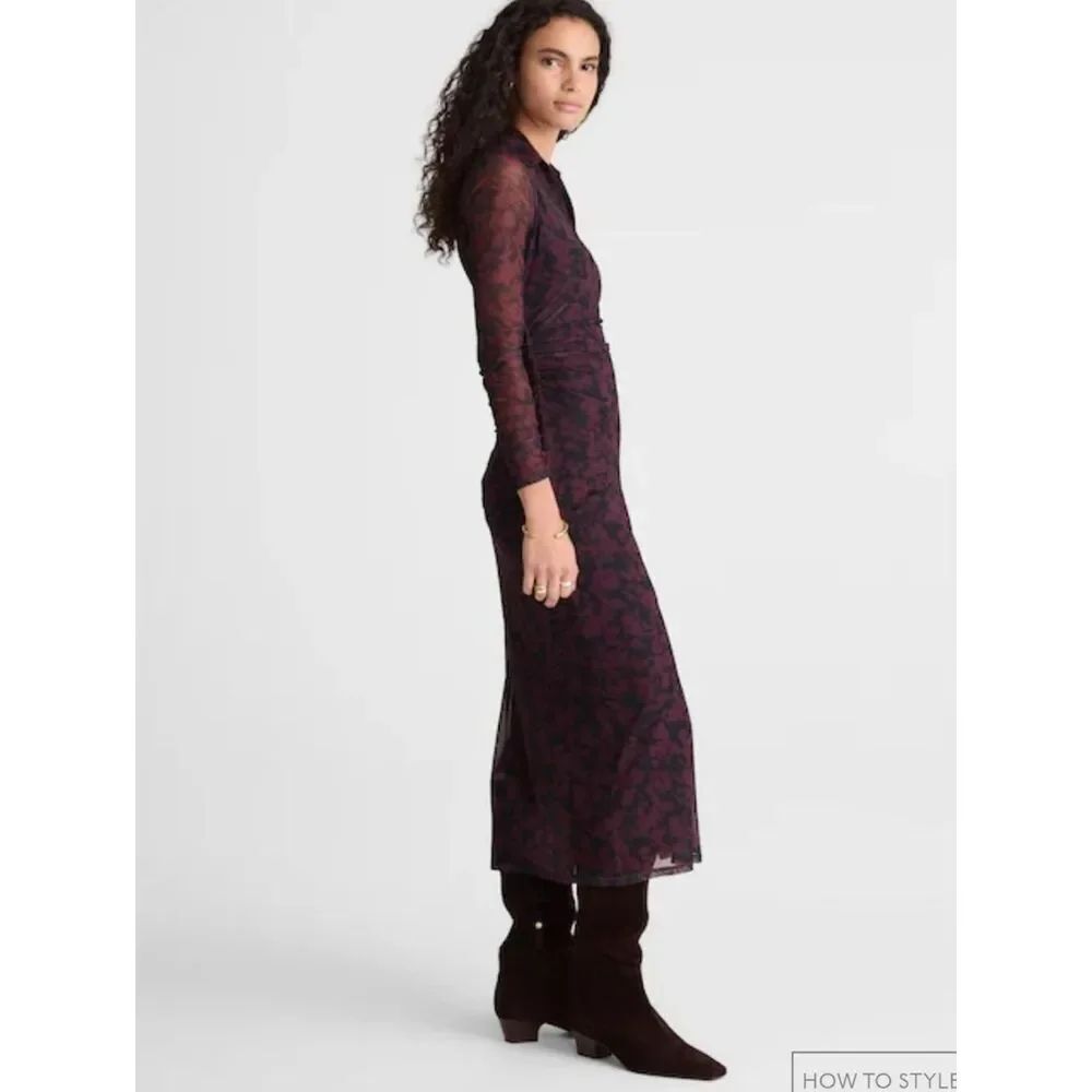 NWT Madewell Chandra Long-Sleeve Polo Midi Dress Deep aubergine Purple Floral L - Picture 12 of 15